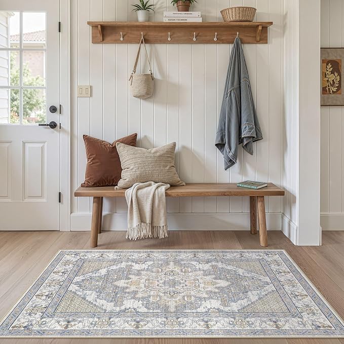 Tortania Area Rug Living Room Rugs - 3x5 Washable Rug Vintage Oriental Distressed Farmhouse Small Thin Indoor Carpet for Living Room Bedroom Under Dining Table Home Office - Blue Beige