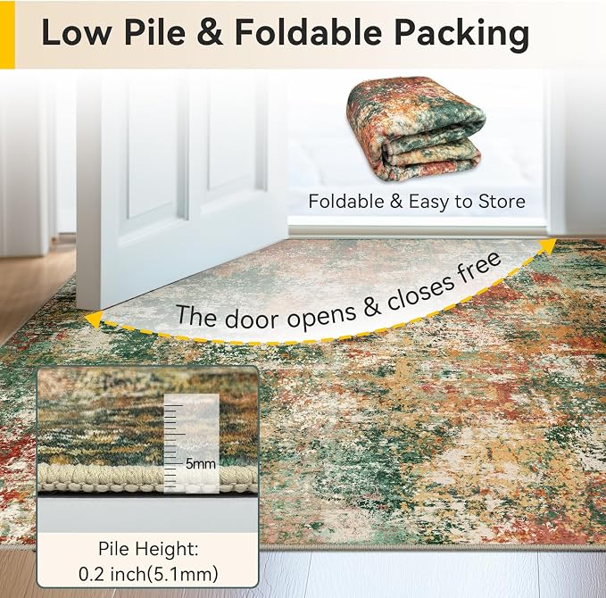 RELEANY Washable Area Rugs 6'x8' Non-Slip Modern Abstract Soft for Living Room Entryway Bedroom Kitchen, Print Pattern, Green Orange Rust Red Cream Colorful