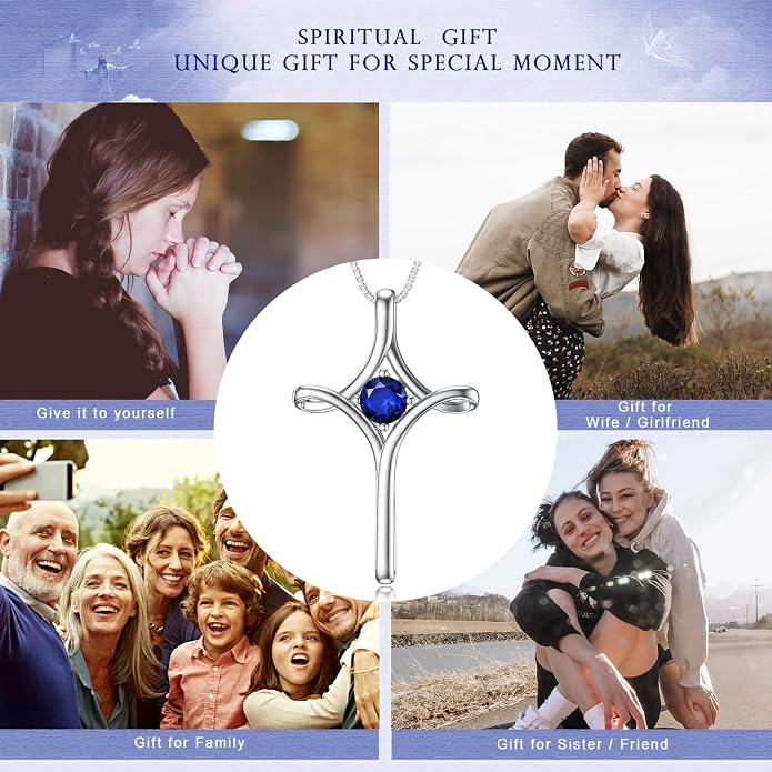 TOUPOP Cross Necklace for Women 925 Sterling Silver Birthstone Cross Pendant Fine Jewelry Anniversary Birthday Mothers Day Gifts for Mom Wife Her