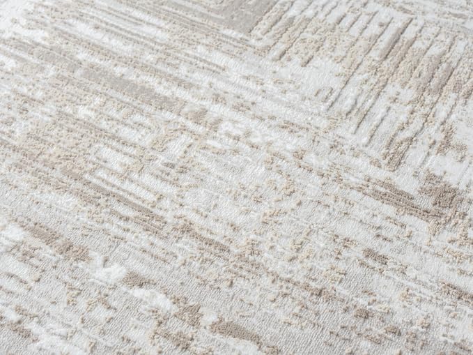 Amy Modern Abstract Runner Rug for Kitchen, 2x7 Contemporary Textured Geometric Beige Neutral Runner, High-Low Pile Stain Resistant Carpet for Bedroom, Hallway or Entryway (2' x 7', Beige)