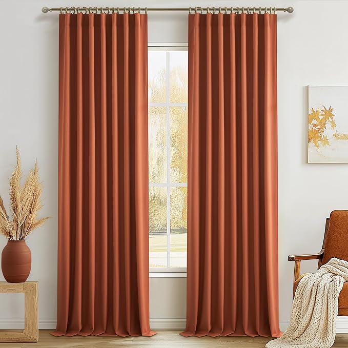 Fall Burnt Orange Curtains Blackout 92 Inches Long 2 Panels Set,Terracotta Autumn Color Decor Retro for Living Room/Bedroom Antique Copper Rust Boho 70s Window Pleated Linen Drapes Thermal (W50"xL92")