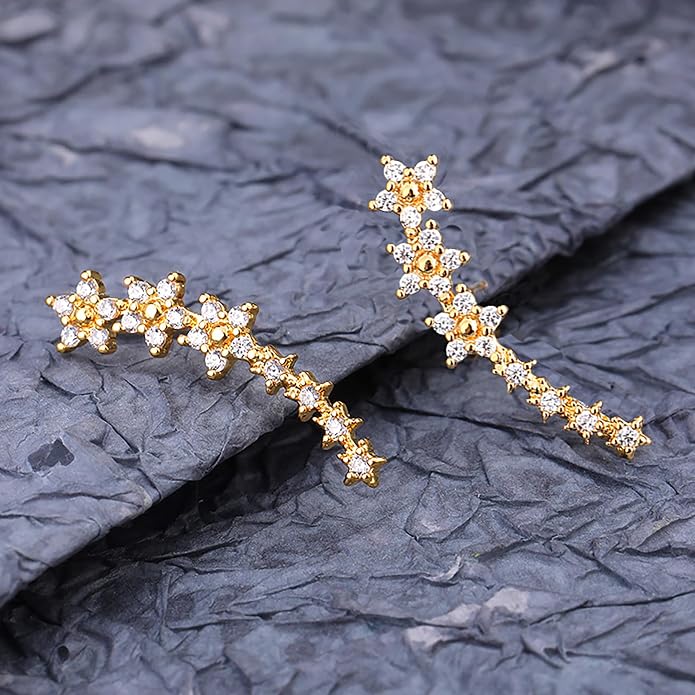 Dainty Flowers Ear Climbers Stud Earrings for Women 925 Sterling Silver Diamond Flower Cuff Crawler Earrings for Mom 14K Gold Plated Cute White Cubic Zirconia Earrings Wedding Graduation Jewelry Gifts