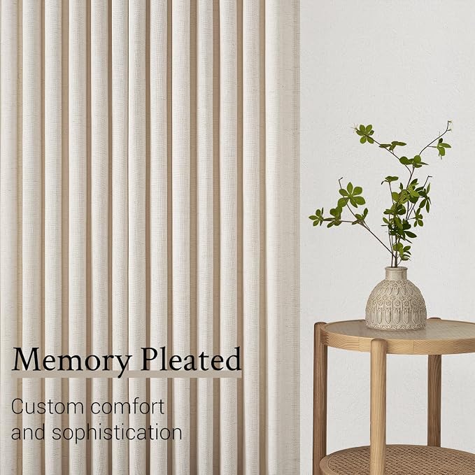 Topfinel 108 Inch Pinch Pleated Linen Curtains 2 Panels,Ivory Beige Semi Sheer Curtains with Pleated Hooks Back Tab for Track System,Extra Long 9ft Curtain for Living Room Bedroom,40x108