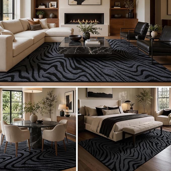 YIHOUSE 6×9 Ft Zebra Area Rugs Black and Grey: Washable Nonslip Plush Soft Rug for Living Room - High-Low Striped Carpet for Bedroom Dining Room Office Playroom Nursery Home Decor