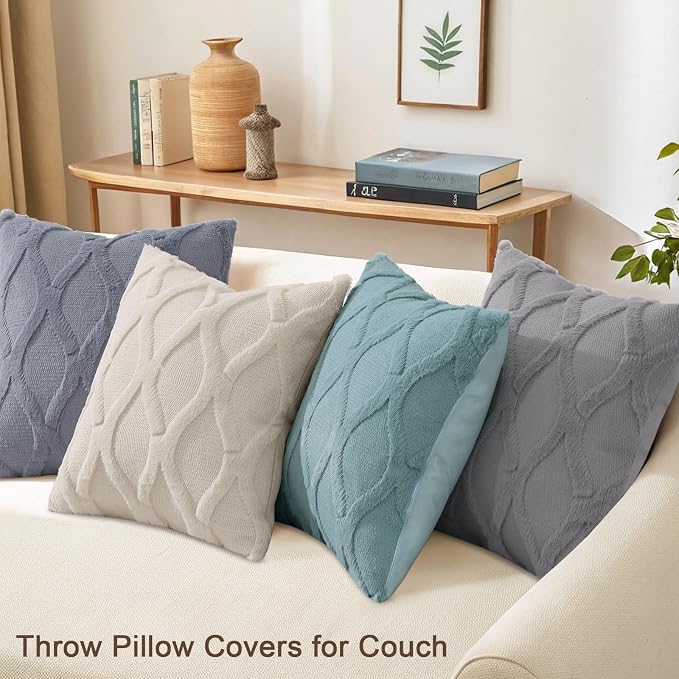 decorUhome Set of 4 Faux Fur Throw Pillow Covers 20x20(Beige/Grey) | Neutral Decorative Soft Plush Couch Pillow Covers, Farmhouse Pillow Cases for Living Room Bed Sofa