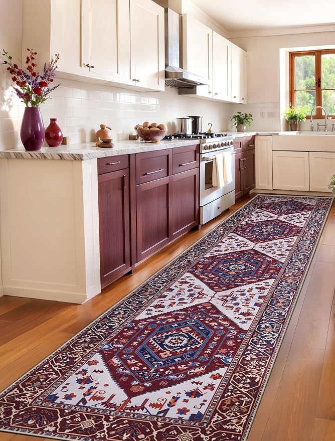 SERISSA Runner Rug for Hallways, 2'6"x12' Washable Non Slip Runner Rug, Extra Long Boho Rug Ultra Soft Vintage Burgundy Navy Print Floor Carpet for Bedroom Hallway Entryway Bathroom Laundry Room