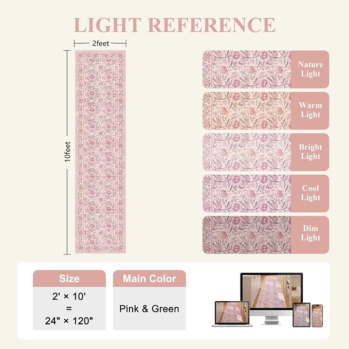 DUKINO 2x10 Runner Rug for Hallway, Washable Vintage Floral Rug, Pink | Non Slip, Low Pile, Non-Shedding, Stain Resistant Soft Long Runner Carpet for Kitchen Bathroom Entryway Bedroom Farmhouse