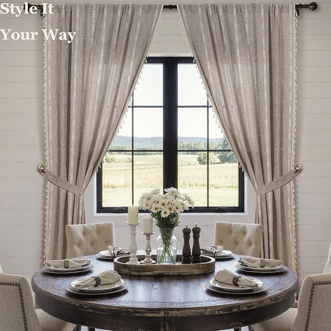 ColorBird Boho Curtains Linen-Textured for Living Room Bedroom Light Filtering 84 Inches Natural Brown Farmhouse Curtains & Drapes Embroidered Striped for Dining Closet Dooraway Window Treatment