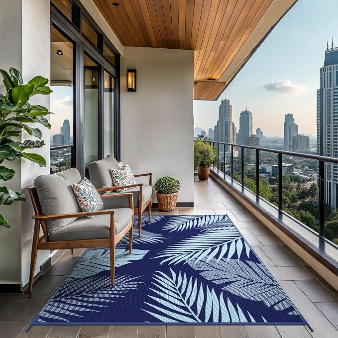 GENIMO Outdoor Rug, Waterproof Plastic Rugs for Patio, 8'x10' Blue | Outside Larger Leaf Carpet Mat for Porch Decor, Deck, Balcony, Camping, RV, Backyard, Picnic, Beach, Reversible, Foldable