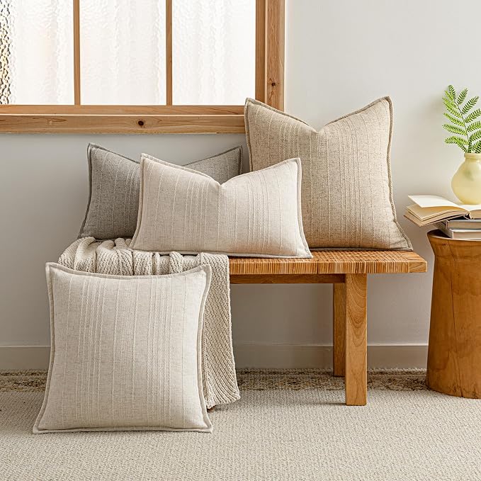 a moment Linen Pillow Covers Set of 2,Boho Farmhouse Throw Pillowcases Neutral Textured Decorative Covers for Couch Sofa Bed, Soft Linen Blend Accent Case Cushion Living Room Home Decor 20"x20"Khaki