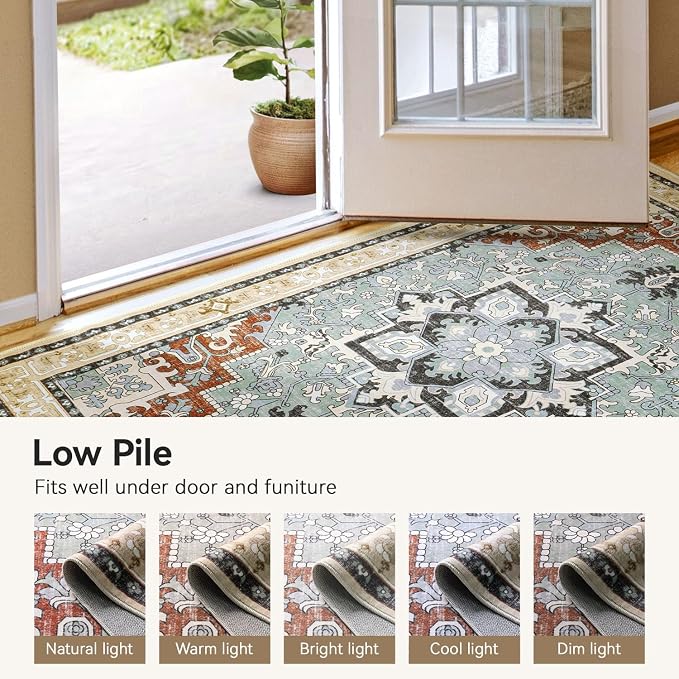 Lofus 6x9 Area Rugs for Living Room, Floral Washable Area Rug for Bedroom, Office, Dining Room, Non-Slip Vintage Boho Rug, Low-Pile Soft Carpet, Traditional Oriental Style, Beige Orange