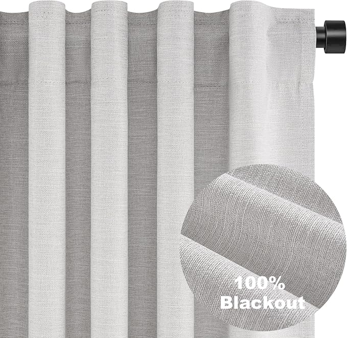 Grey Linen Blackout Curtains for Living Room 2 Panels Set 92 Inches Long Linen Texture Room Darkening Energy Saving Curtain Window Coverings Hook Belt Pleated Drapes Aesthetic Bedroom(W40"xL92")
