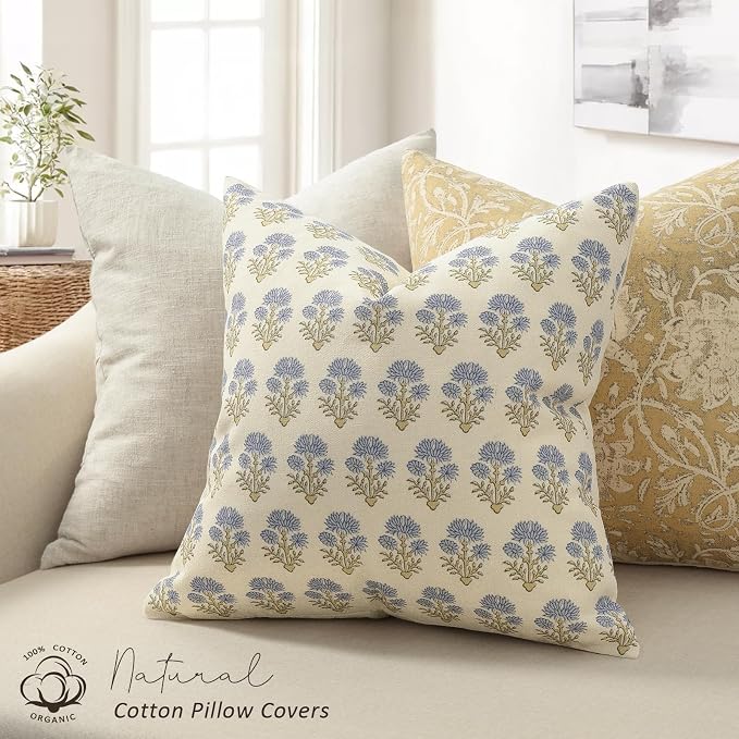 Farmhouse Floral Pillow Covers 22x22 Set of 2, Country Botanical Throw Pillow Cover for Sofa Couch Bed Living Room, Rustic Vintage Flower Cushion Covers Cottage Home Decor,Blue Mustard