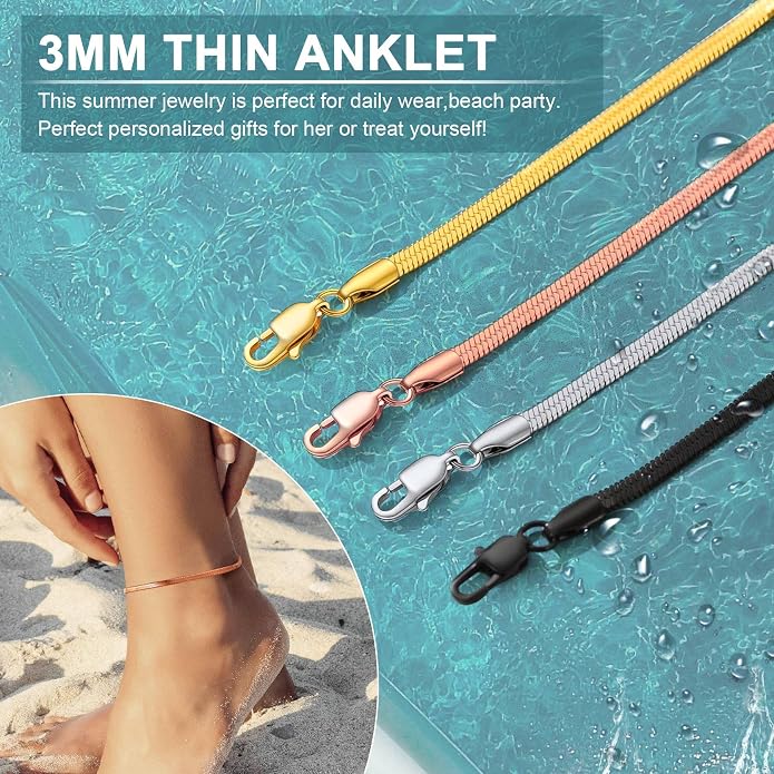 GoldChic Adjustbale Link Chain Anklet for Women Summer Jewelry, 316L Stainless Steel Figaro/Wheat/Twist Rope/Cuban Foot Bracelet-Waterproof, Resizable 9"-12" (Gift Box Included)