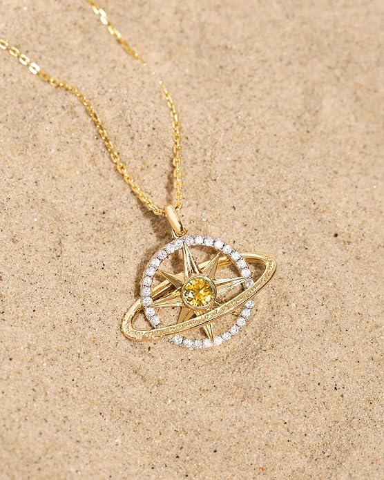 FANCIME Stellar Promise Birthstone Necklace for Women White Gold Plated Sterling Silver Planet Star Pendant Fine Jewelry Anniversary Birthday Mothers Day Gifts for Women Wife Friend Her