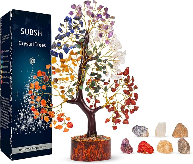 Seven Chakra Money Tree Natural Healing Gemstone Crystal Bonsai Fortune for Good Luck, Wealth & Prosperity Home Office Decor Spiritual Gift (Golden Wire) Size 10-12 Inches