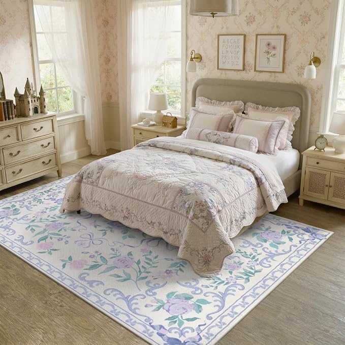 Collive Purple Floral Rugs for Girls, 5x7 Washable Bow Area Rug for Living Room, Cute Ultra-Thin Non Slip Indoor Decor Carpet for Nursery Kids Room Bedroom Playroom (Purple 5' x 7')