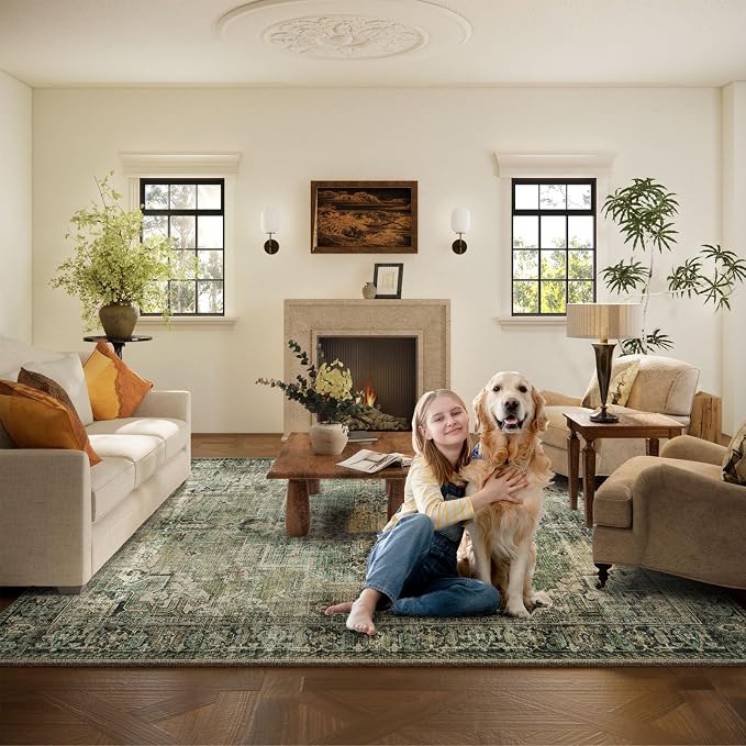 10x14 Area Rugs for Living Room: Washable Bedroom Rug Boho Vintage Rugs Stain Resistant Non Slip Low Pile Soft Lightweight Carpet for Kitchen Dining Room Farmhouse Nursery Kids Room