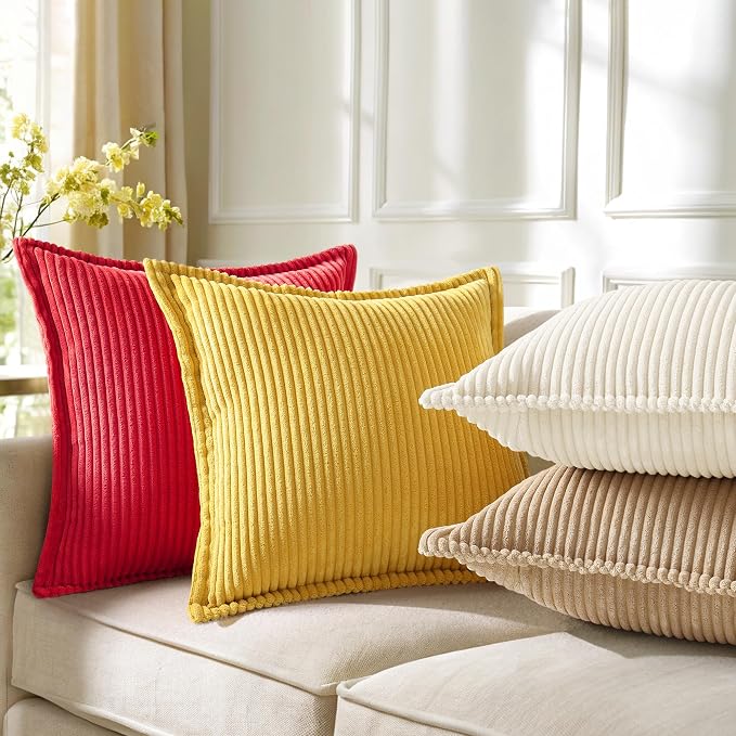 decorUhome Fall Corduroy Red Throw Pillow Covers 18x18 Set of 2 | Couch Decorative Soft Modern Boho Farmhouse Pillow Covers Broadside Striped Pillow Cases for Living Room Bed Sofa
