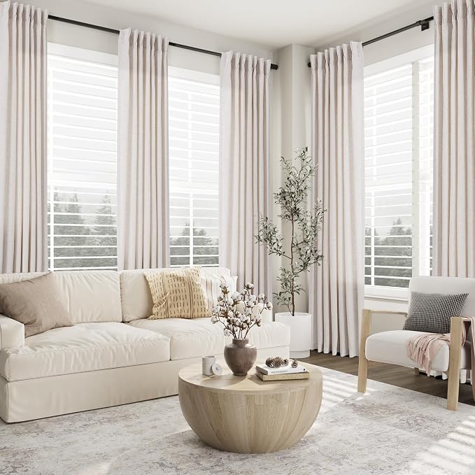 Cream Linen Pinch Pleated Curtains 102 Inches for Living Room Semi Sheer Privacy Rod Pocket Window Curtain 2 Panels Set for Dining Room Bedroom Natural Modern Farmhouse Drapes, 40 Inch x 102 Inch