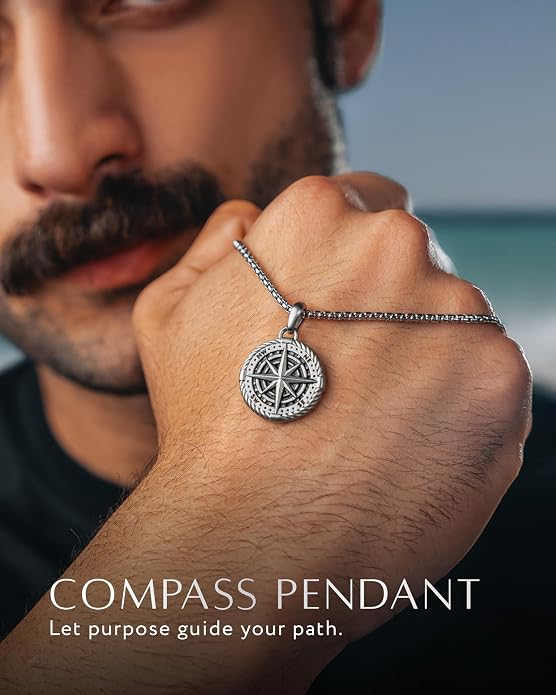 RTZN® Pendant Necklace for Men – Premium Stainless Steel Silver Pendant Necklace with 22" Chain – Waterproof & Non-Tarnish Small Pendants for Men – Bold Symbols of Strength & Legacy