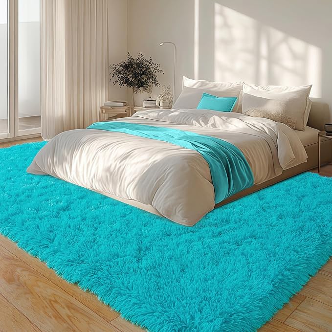 6x9 Large Area Rugs for Living Room, Fluffy Shag Rug for Bedroom | Shaggy Shag Carpet, Soft and Comfy, Non Slip Big Fuzzy Carpet for Kids Girls Boys Room Dorm Home Decor Aesthetic, Teal Blue