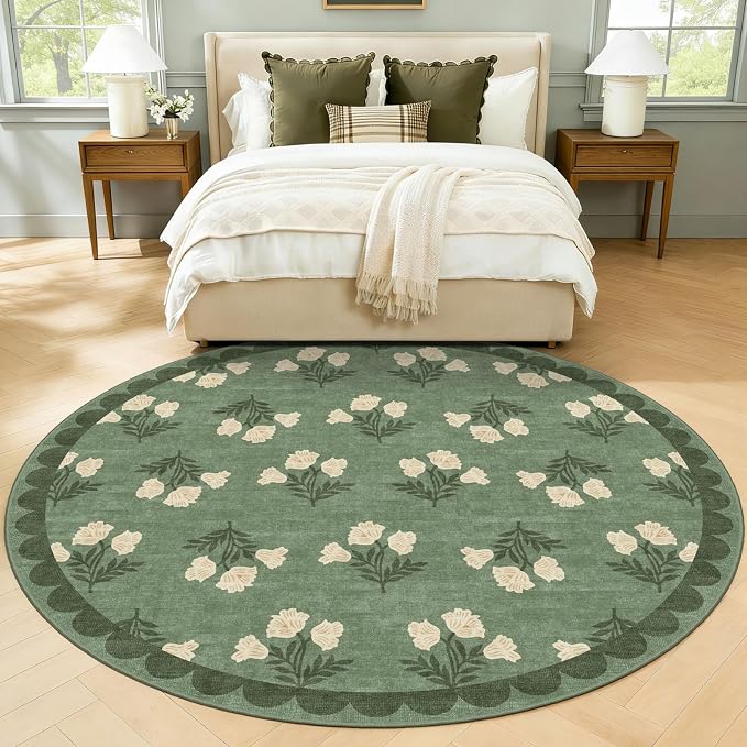 Sage Green Round Nursery Rug 5ft - Soft Washable Boho Floral French Country Scalloped Round Rug for Bedroom Non Slip 5x5 Stain Resistant Circle Area Rugs for Living Room Dining Room Playroom