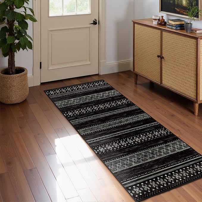 BESTSWEETIE 2x8 Area Rugs for Living Room Washable Moroccan Farmhouse Neutral Geometric Low Pile Non-Slip Soft Print Pattern Rug for Bedroom Kitchen Dining Room Entryway Black/White