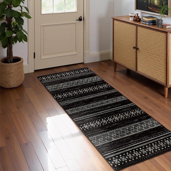 BESTSWEETIE 2x6 Area Rugs for Living Room Washable Moroccan Farmhouse Neutral Geometric Low Pile Non-Slip Soft Print Pattern Rug for Bedroom Kitchen Dining Room Entryway Black/White