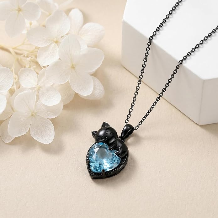 Cat Necklace Sterling Silver Cat Zircon Pendant Gothic Jewelry for Women Animal Lovers Gifts