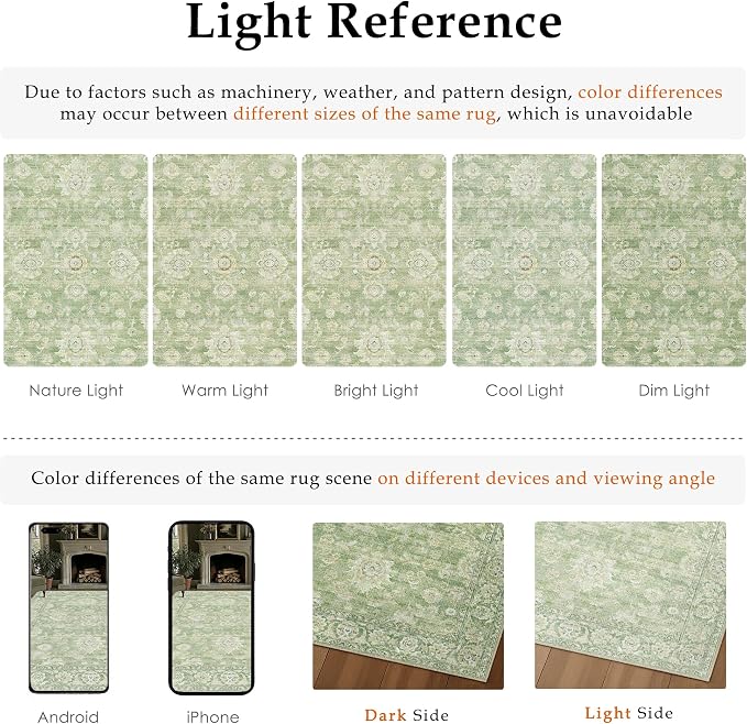 4x6 Green Washable Area Rug for Living Room Bedroom Neutral Floral Soft Non Slip Rug Low Pile Distressed Carpet for Dining Room Nursery Office Indoor