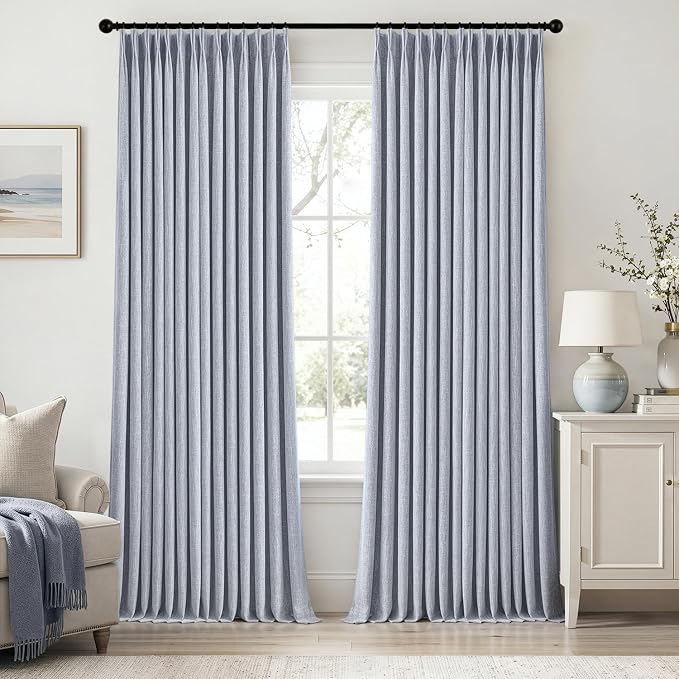 MIULEE Chambray Blue Pinch Pleated 100% Blackout Linen Curtains 96 Inch Length 2 Panels Set, Black Out Memory Trained Pleat Curtains Light Blocking Room Darkening Drapes for Bedroom Living Room Window