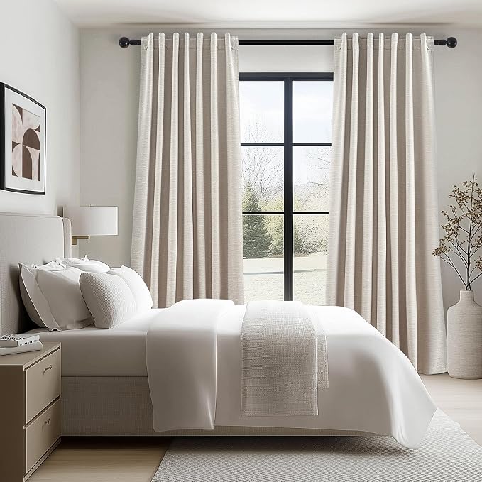 Oatmeal Blackout Curtains for Living Room 100 Inch Long 2 Panels,Linen Textured Room Darkening Drapes for Dining Room Back Tab with Hooks Boho Modern Solid Color Cottage Urban Decor 52x100