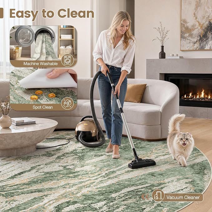 Area Rugs for Living Room: 10ft Round Abstract Washable Rug Modern Neutral Large Soft Stain Resistant Non-Slip for Bedroom Dining Room Indoor Home Office Carpet - Green Brown
