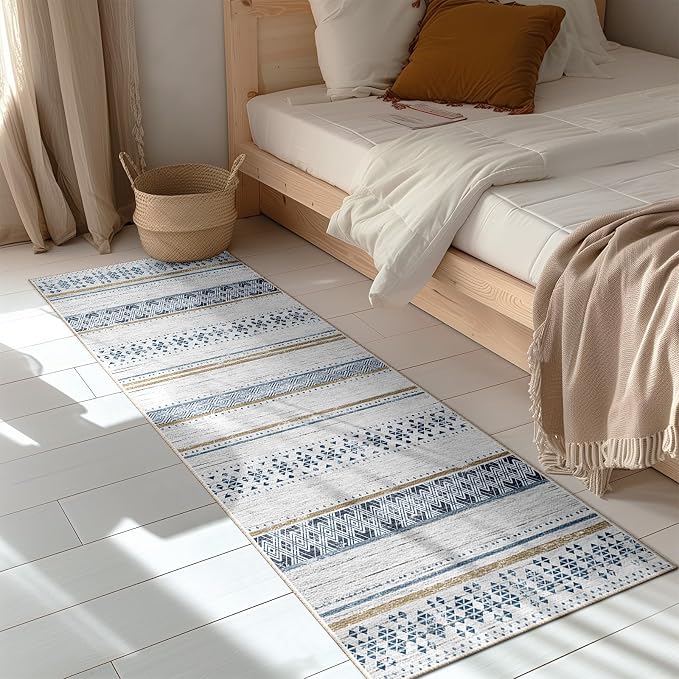 BESTSWEETIE 2x6 Area Rugs for Living Room Washable Moroccan Farmhouse Neutral Geometric Low Pile Non-Slip Soft Print Pattern Rug for Bedroom Kitchen Dining Room Entryway Blue/Brown