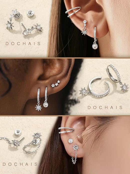Dochais Flat Back Cartilage Earrings for Women Trendy Dainty CZ Flatback Studs Earing Sets 14k Gold Plated Hypoallergenic Huggie Hoops Earring Stacks for Multiple Piercing
