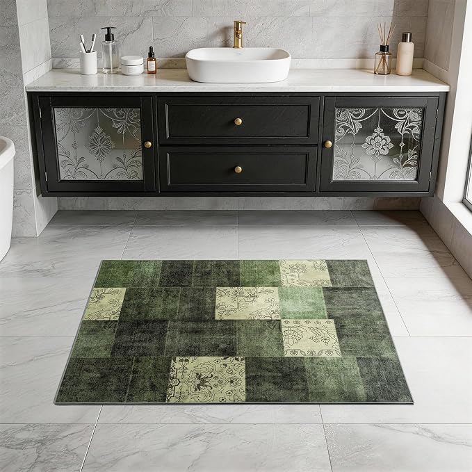 LIANLAM 2x3 Washable Entryway Rug,Non-Slip Indoor Door Mat with Vintage Boho Checkered Pattern, Stain & Water Resistant Faux Wool Low Pile for Front Door,Hall,Kitchen,Bathroom - Easy Clean(2x3,Green)