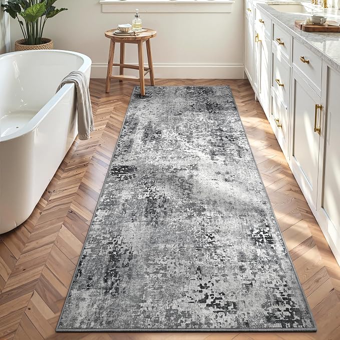 2x7 Grey Rug Runners for Hallways Kitchen Runner Rug Non Slip Washable Black Long Runner Rugs with Rubber Backing Soft Abstract Carpet Runner for Bedroom, Kitchen, Bathroom, Entryway