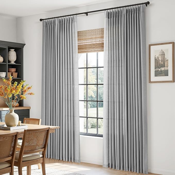 Aersas Light Grey Pinch Pleated Linen Curtains 102 Inch Length 2 Panels for Living Room Bedroom Semi Sheer Window Curtain Boho Neutral Back Tab Pinch Pleat Drape with Hooks 40x102