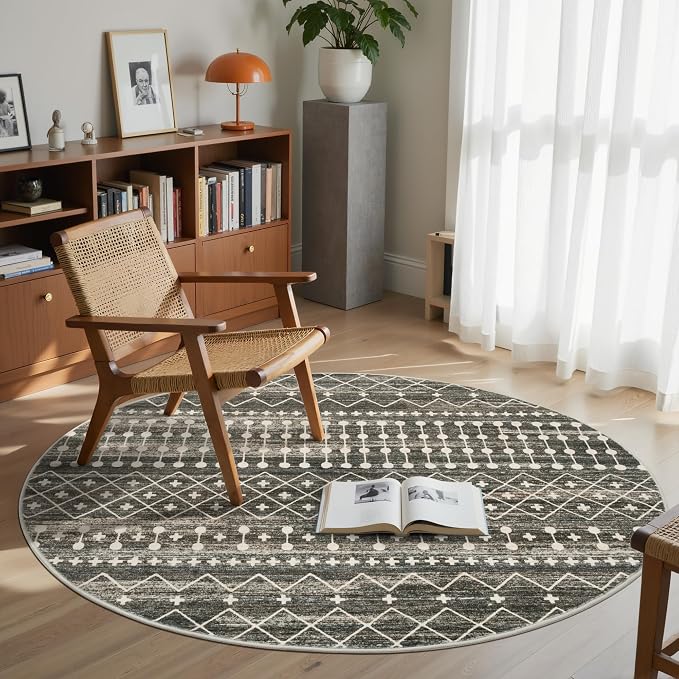 Miukiki Round Rugs 6ft for Living Room Moroccan Washable Circle Rug Non Slip Indoor Floor Carpet Foldable Area Rug for Dining Room with Low Pile(Black,6'x6')