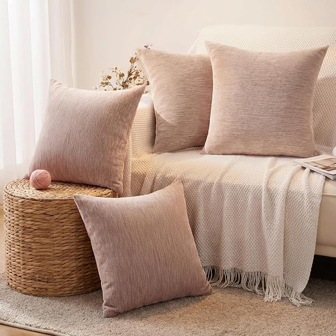 Set of 4 Blush Pink Throw Pillow Covers 16x16 Inch, Neutral Boho Farmhouse Aesthetic Decorative Pillow Cases for Couch, Sofa, Living Room & Bed, Chenille Pillow Cases, Stylish Home Decor, 40x40 cm