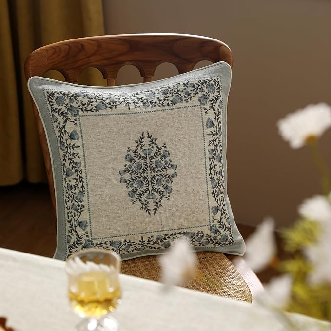 ISAENNE Designer Vintage Linen Throw Pillow Cover,18"x18"-Segerman A | Elegant Chinoiserie Square Pillow Cover,Concealed Zipper Design,Floral Pattern,Sofas,Bedroom,Living Room,Lounge Chairs