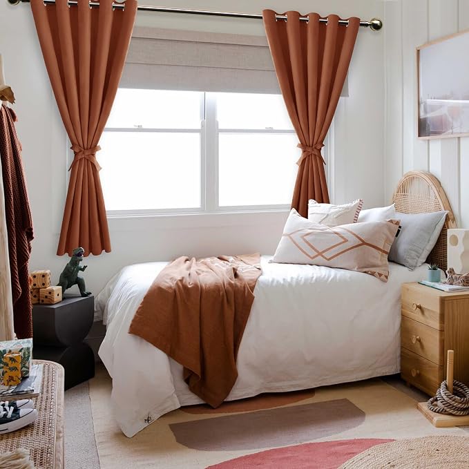 Hiasan Fall Grommet Blackout Curtains for Bedroom, 60 x 72 Inches - Thermal Insulated & Light Blocking Window Drapes for Living Room/Dorm Room, Set of 2 Panels Sewn with Tiebacks, Burnt Ochre