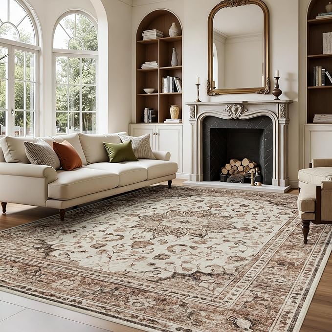 Joydeco 5x7 Area Rugs for Living Room, Non Slip Machine Washable Vintage Rug, Low Pile Chenille Print Rugs for Bedroom, Dining Room, Home Office, Pet & Child Friendly, Beige & Blue & Reddish-Brown