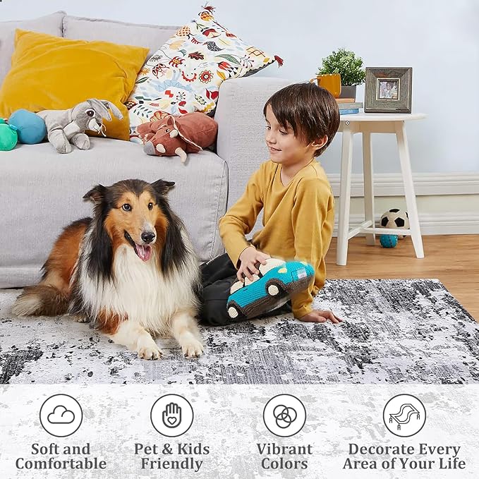 ROYHOME 5x7 Modern Abstract Area Rugs for Bedroom Living Room, Grey | Faux Wool Rug Ultra-Soft Low Pile Stain Resistant Machine Washable Carpet for Bedroom with Non Slip Backing
