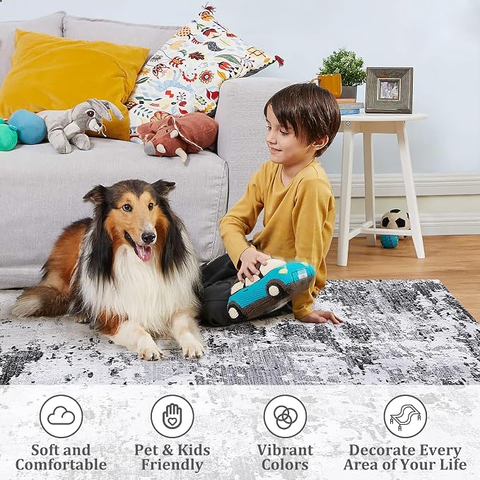 ROYHOME 6x9 Modern Abstract Area Rug for Bedroom Living Room, Grey | Non Slip Non Shedding Low Pile Stain Resistant Rug Soft Carpet