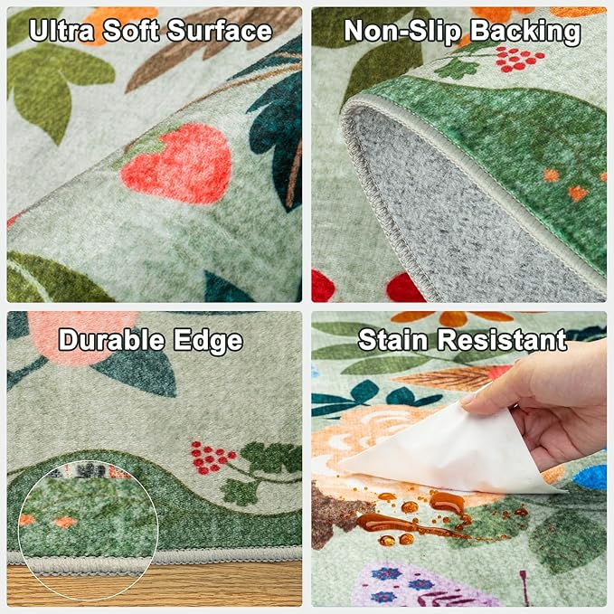 Runner Rug for Entryway: 3x10 Kitchen Rugs Non Slip Washable Ultra-Thin Soft Floral Carpet Indoor Floor Stain Resistant Carpets for Hallway Bedroom Kitchen Laundry Bathroom Dorm Green