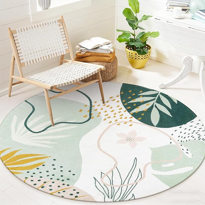 Lahome Boho Round Area Rug - 3Ft Washable Bathroom Rug Non-Slip Small Circle Rug for Bedroom Throw Soft Cute Kids Nursery Rug, Green Botanical Print Carpet for Entryway Sofa Living Room