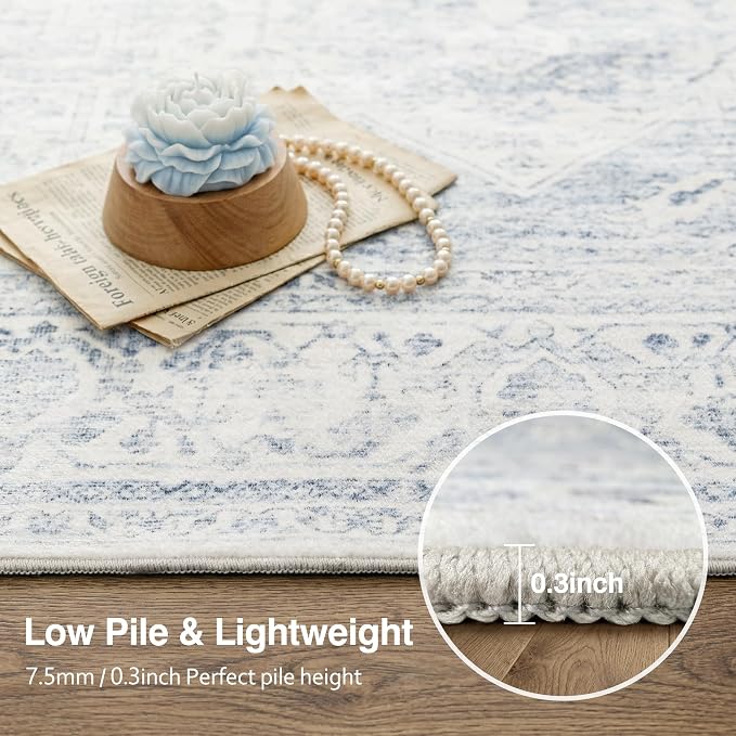 FMFUNCTEX 6x9 Washable Area Rug Blue Neutral Vintage Distressed Oriental Large Non Slip Carpet for Living Room Bedroom Soft Low Pile Indoor Mat Retro Throw Rug for Dining Room Kitchen Office Nursery