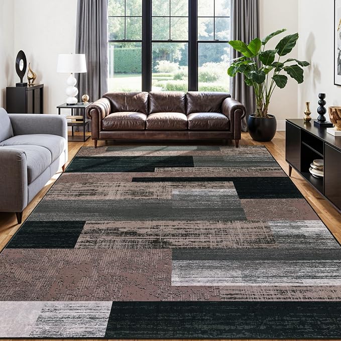 LIANLAM 10x14 Washable Area Rugs for Living Room & Bedroom(10x14,Chocolate) | Non-Slip Large Carpet,Vintage Checkered Pattern, Stain Resistant Faux Wool Low Pile Soft Rug for Dining Room,Office,Nursery